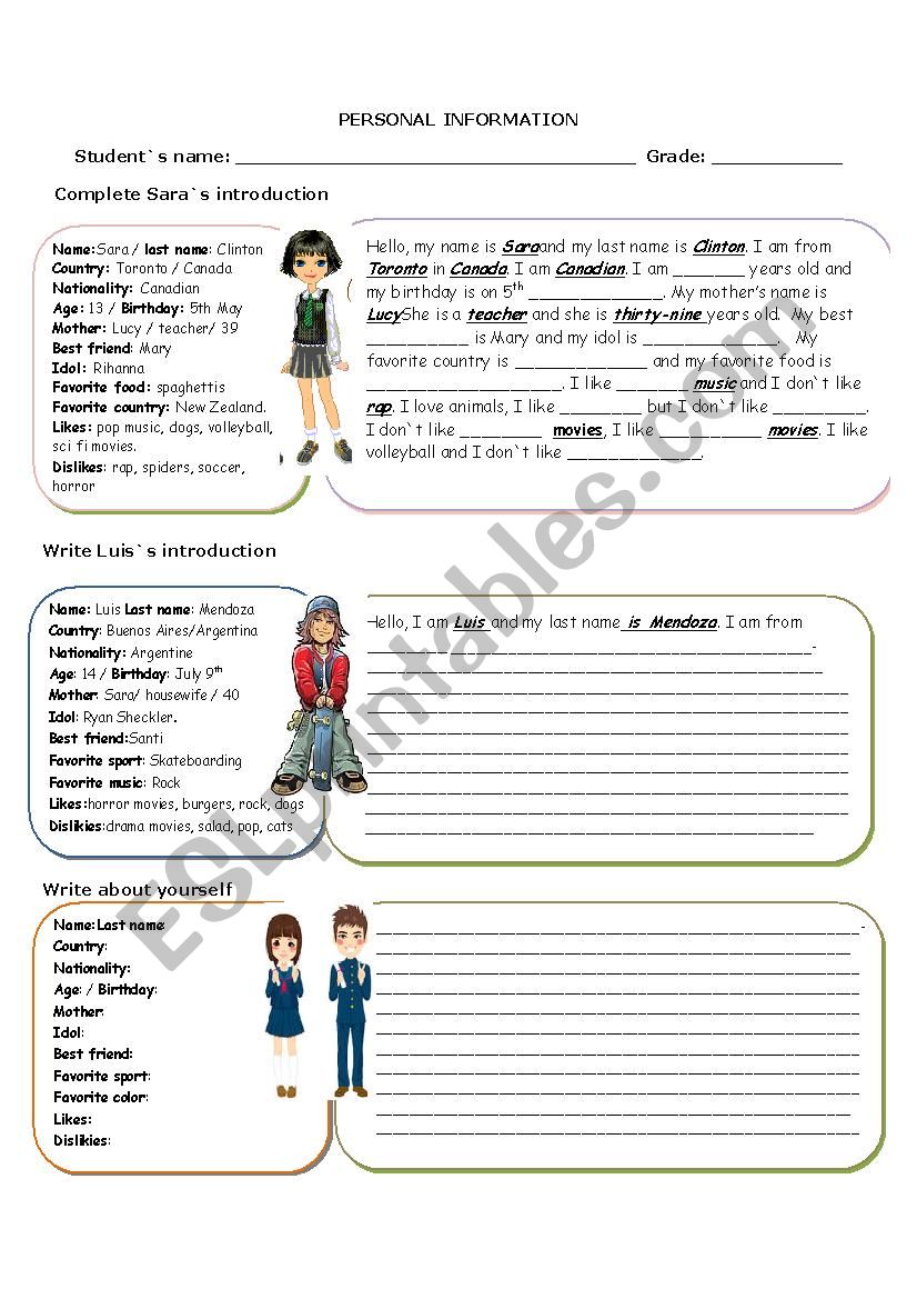 personal information  worksheet