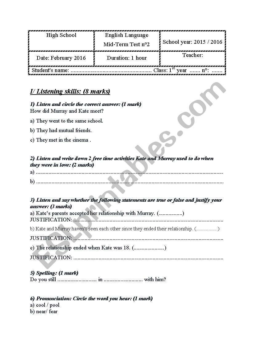 1st Form Mid-term Test N°2 - ESL Worksheet By Alessandroooo