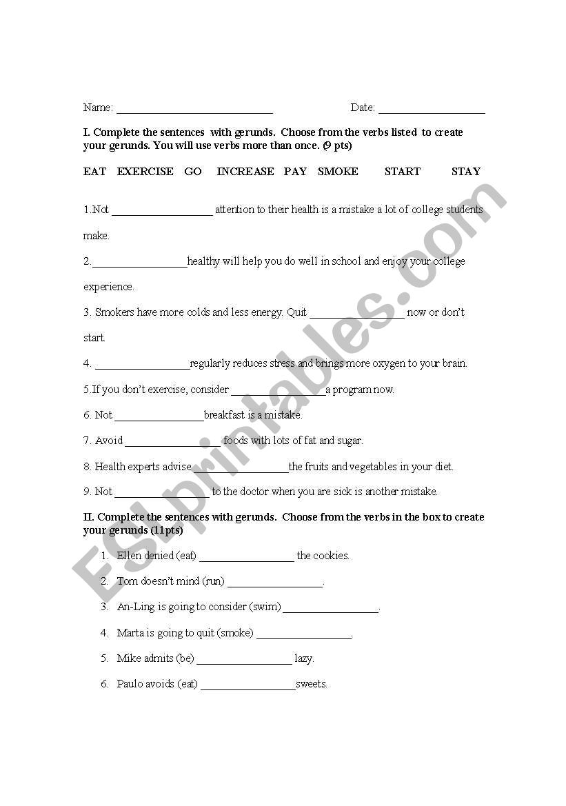 gerund worksheet worksheet