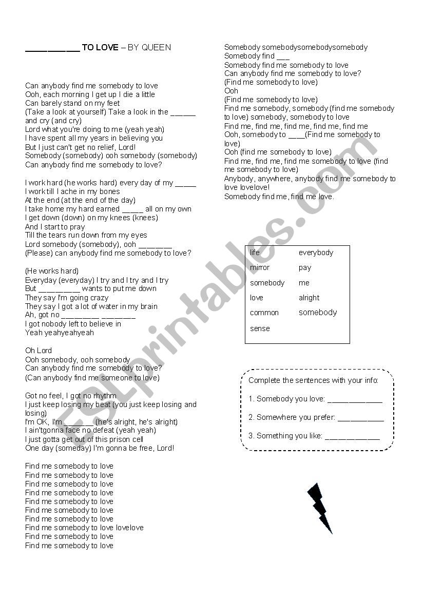 Somebody to love worksheet