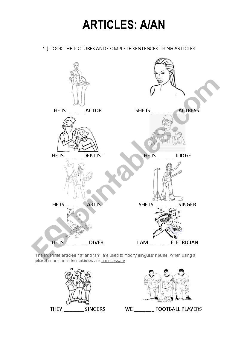 articles worksheet