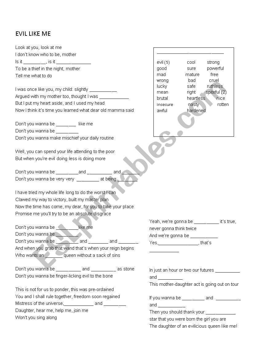 Evil like me  worksheet