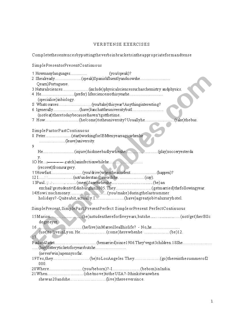 Verb Tense Exercises worksheet