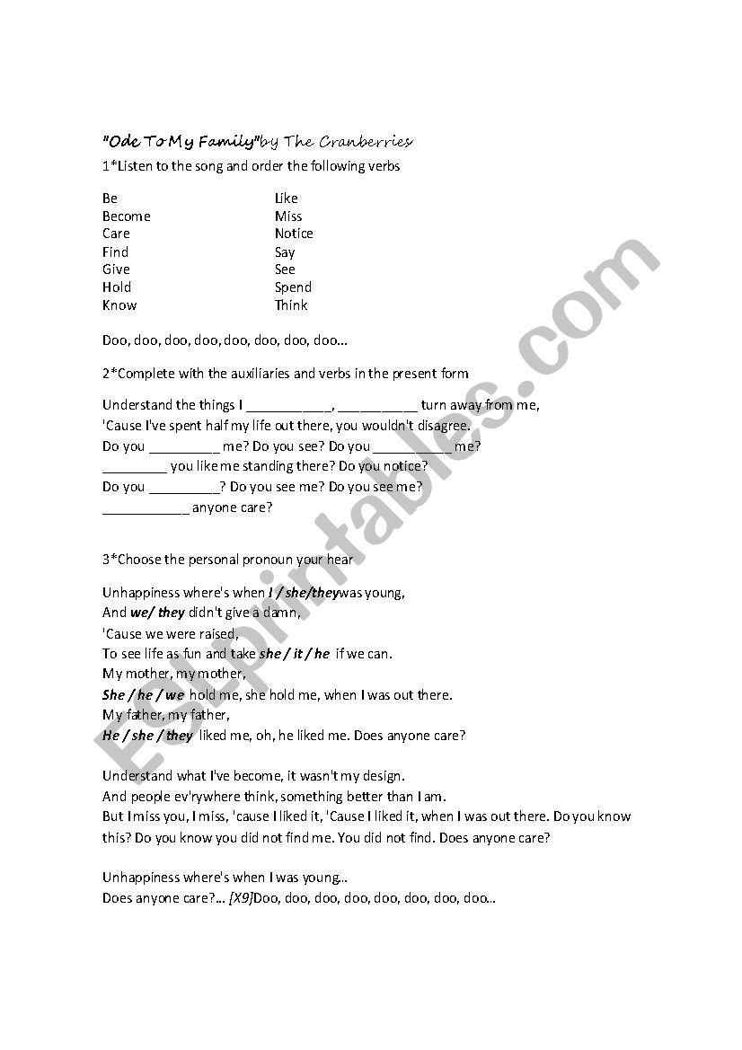 Song- Ode to my family worksheet