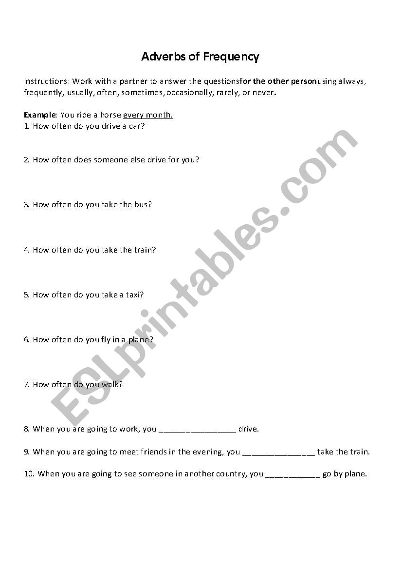 Adverbs of Frequency Worksheet