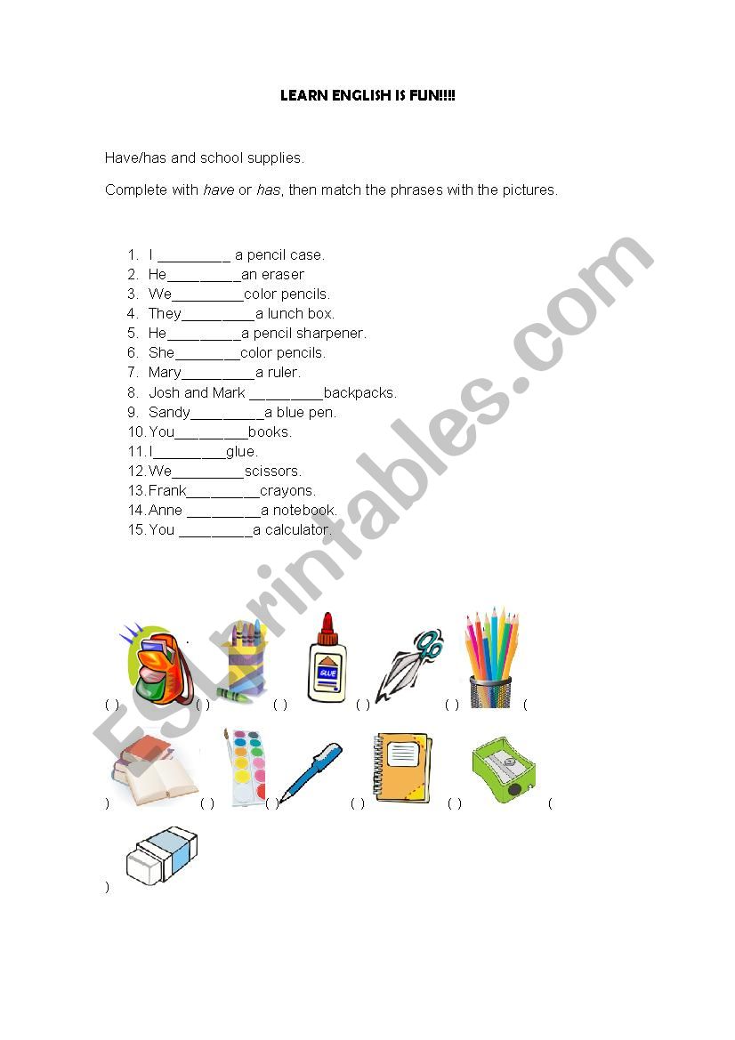 School Supplies - Has/Have worksheet