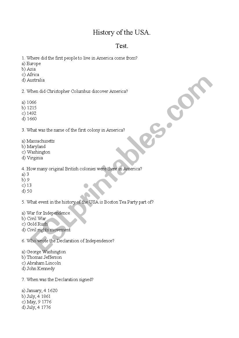 History of the USA.Test worksheet