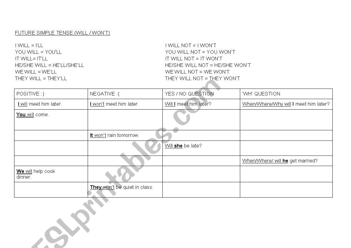 Future Simple Will Wont Revision Worksheet 