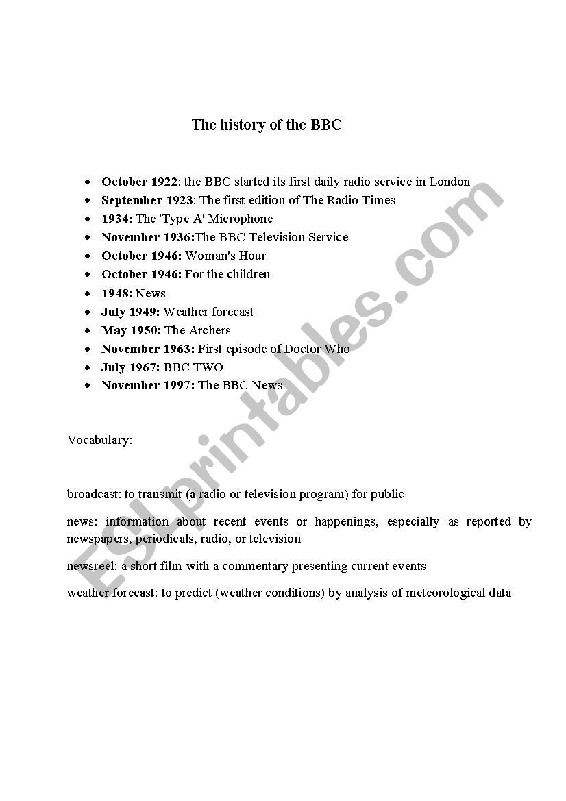 History of BBC worksheet