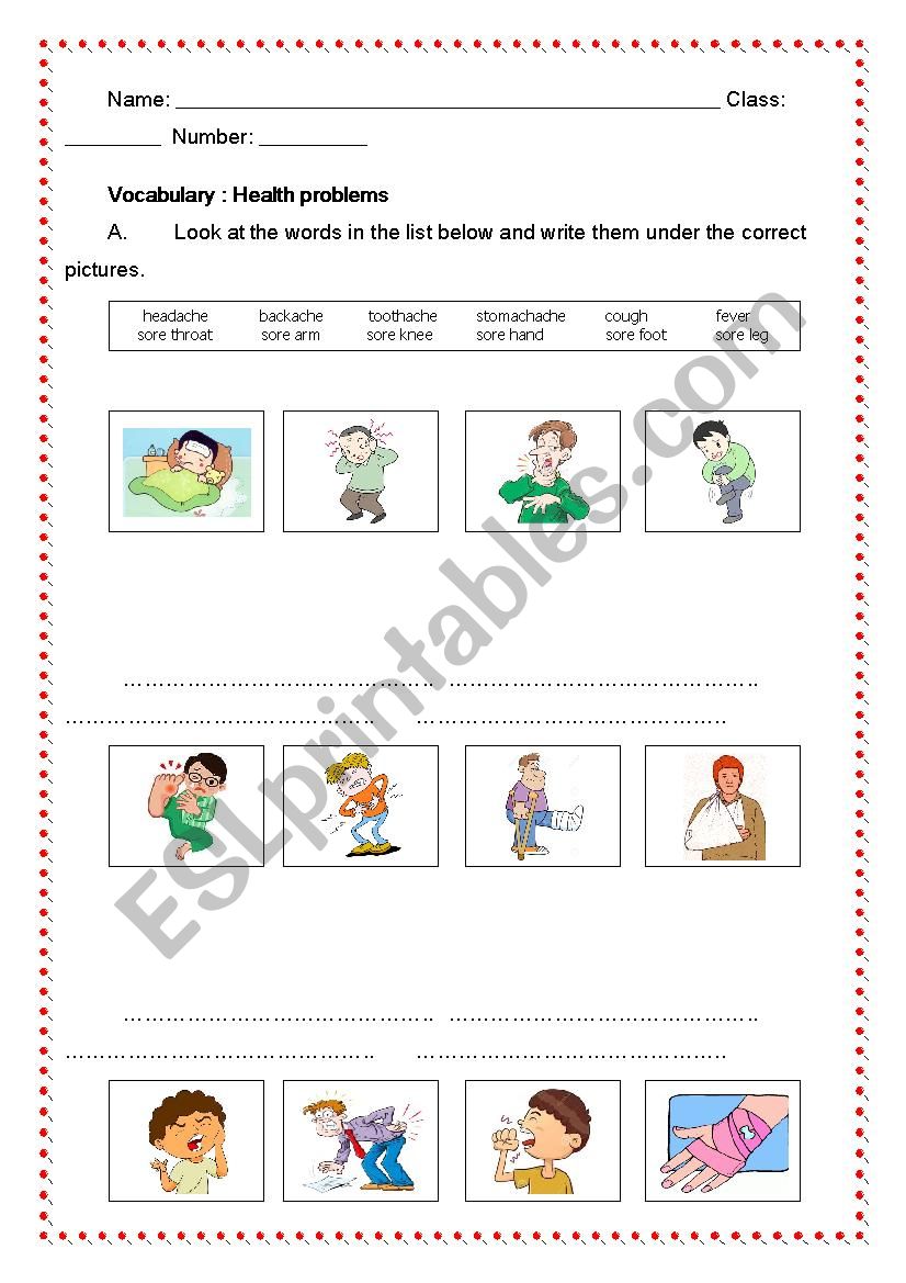 Health Problems Exercise worksheet