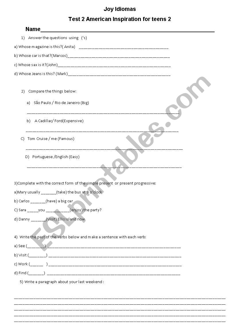 teen test worksheet