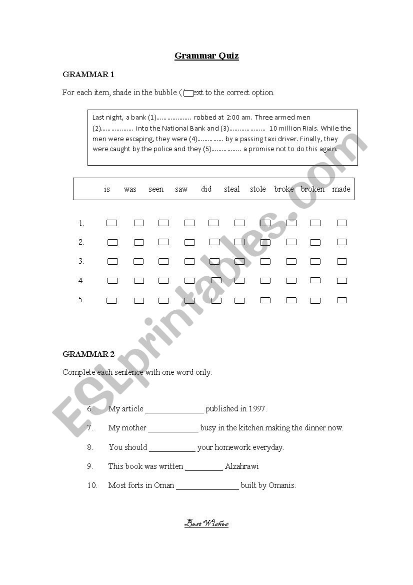 Grammar Quiz worksheet