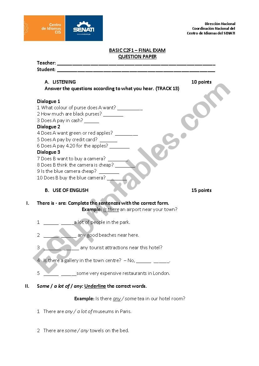 Final Exam Basic - ESL Worksheet By Rosealviar