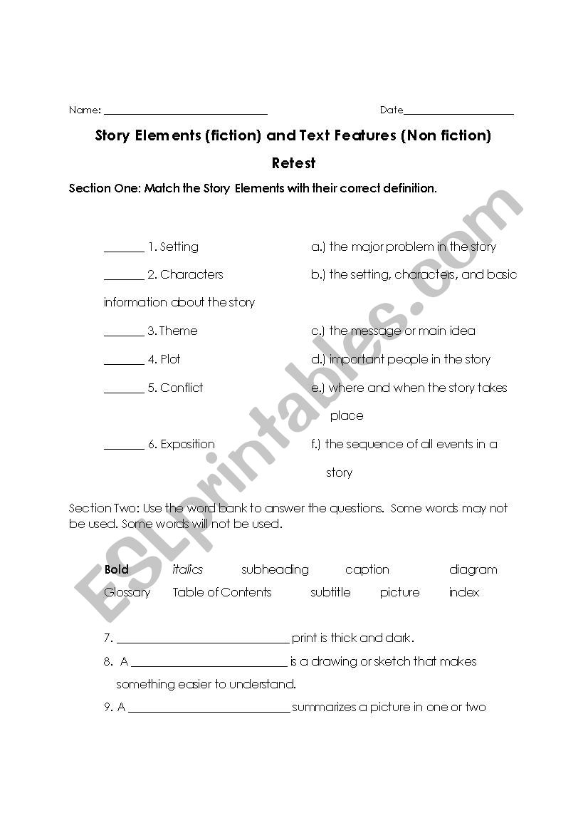 Elements of a Story worksheet