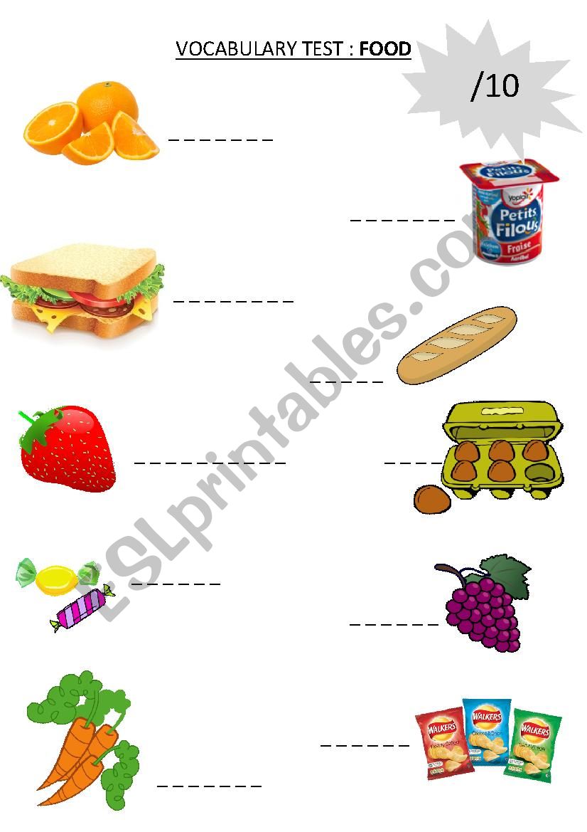Test vocabulary food worksheet