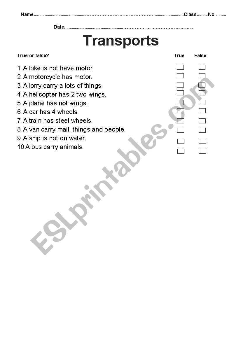 transport worksheet