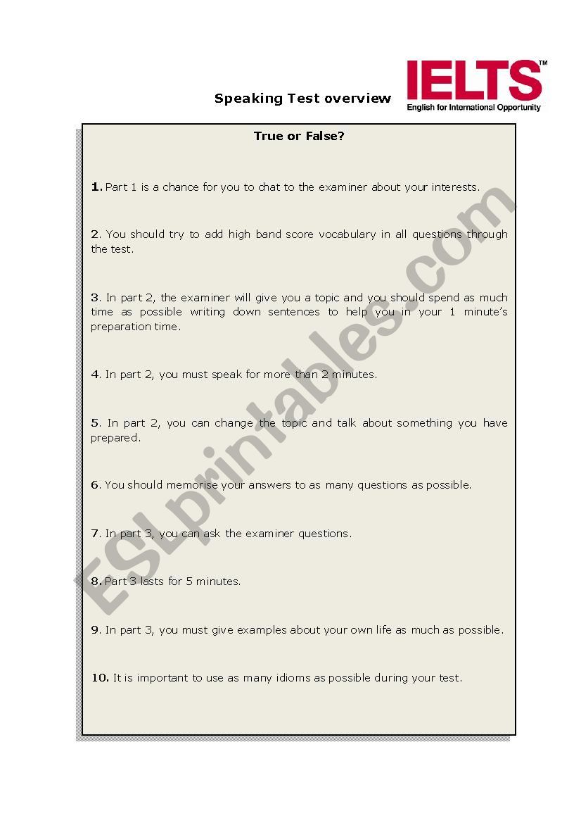 IELTS Speaking quiz worksheet