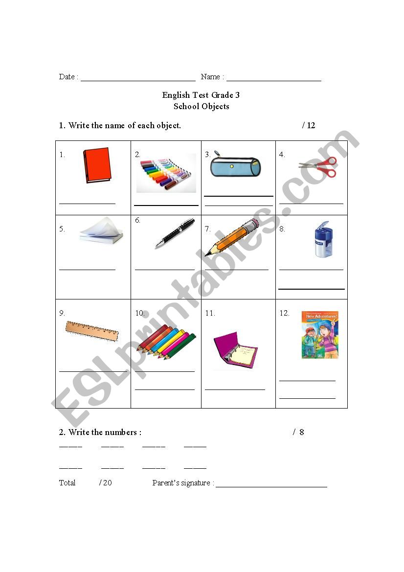 Test on School Objects worksheet