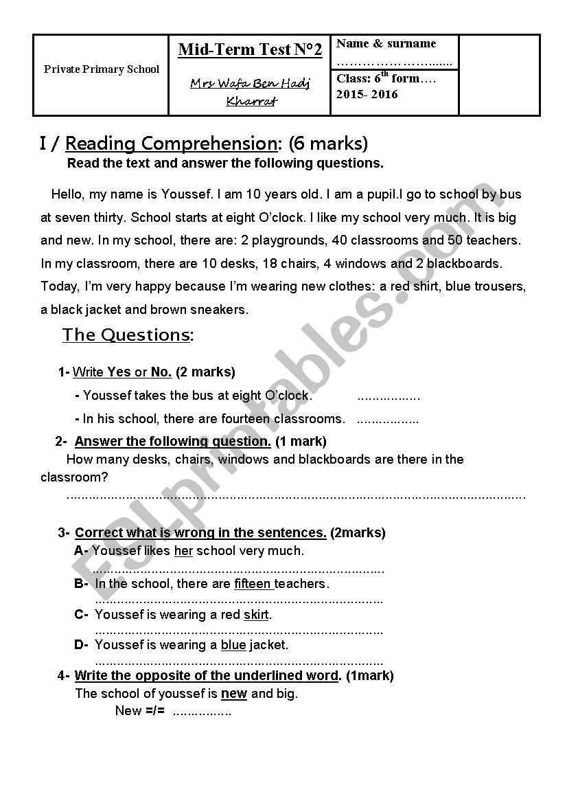 Mid Term Test n° 2 - 6th form - ESL worksheet by wafakharrat