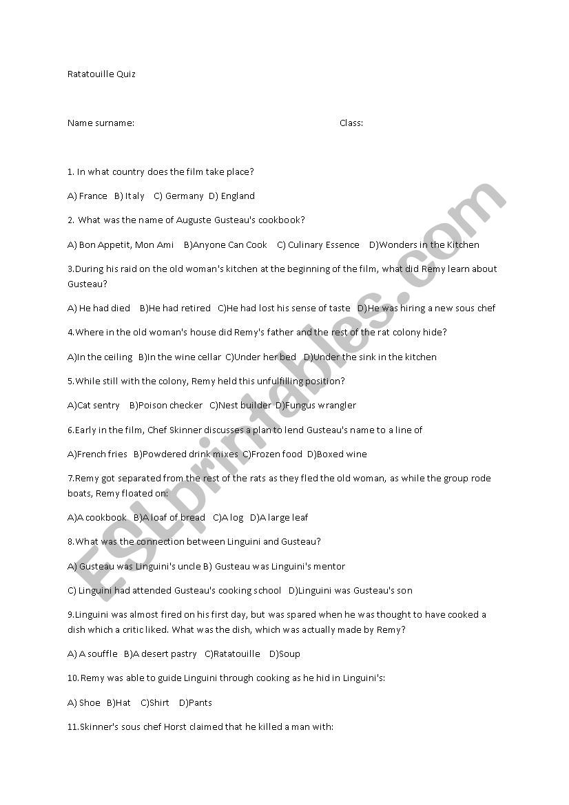 Ratatouille quiz worksheet