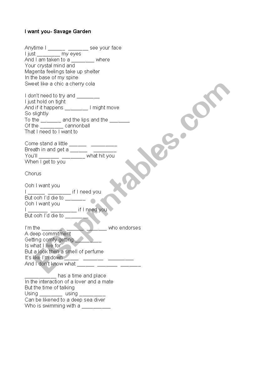English Worksheets I Want You Savage Garden