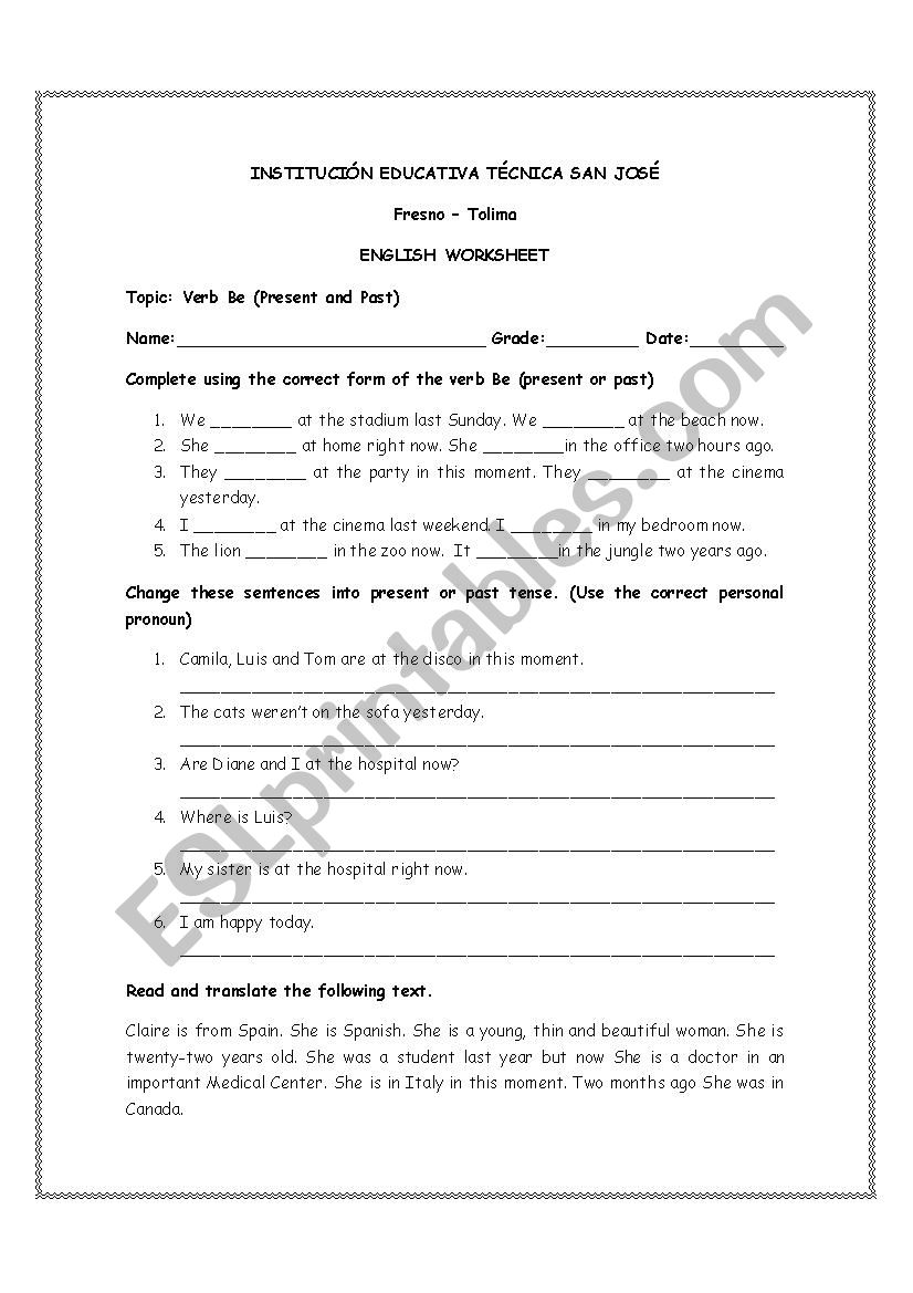 WORKSHEET VERB BE PRESENT AND PAST