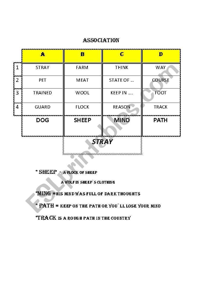 Association game, Stray worksheet