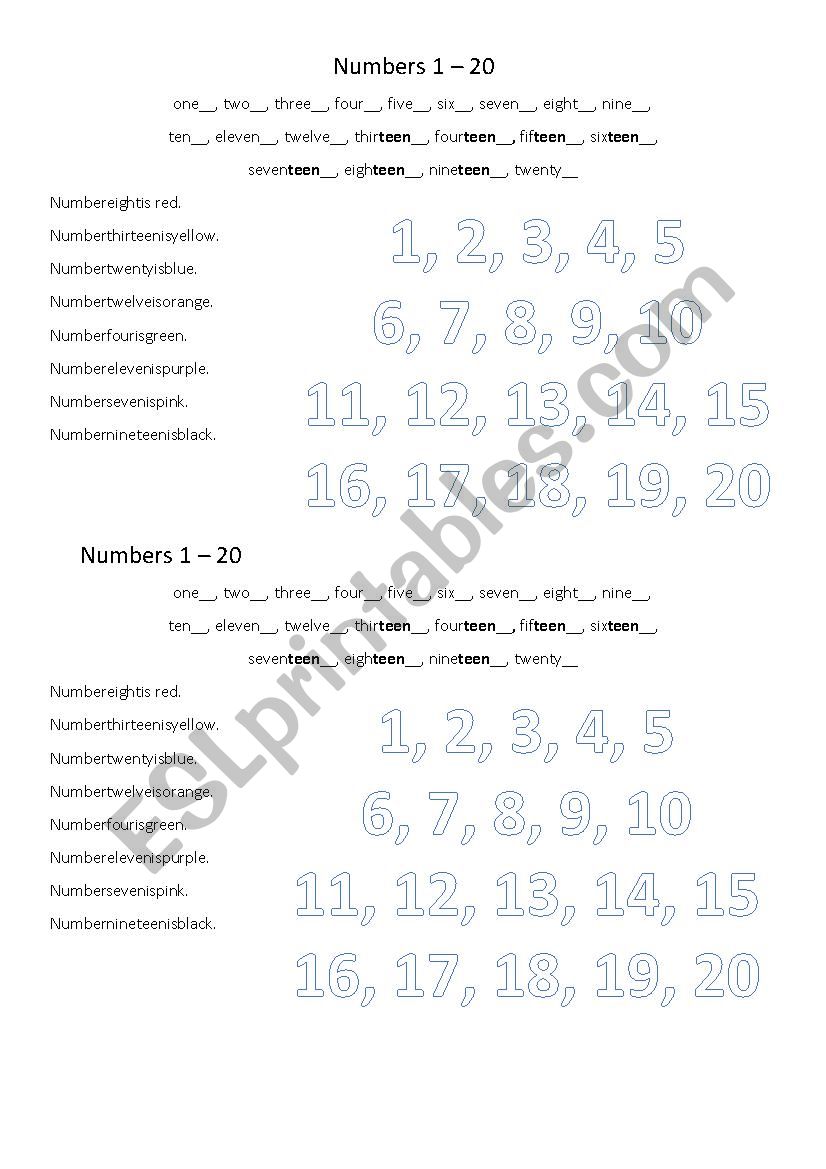 Numbers 1-20 worksheet