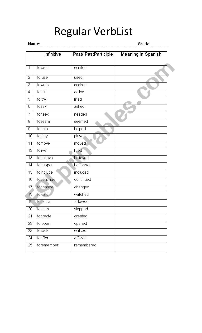 Regular verb list worksheet