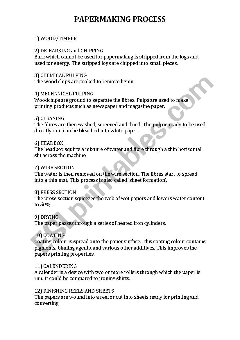 PAPERMAKING PROCESS worksheet