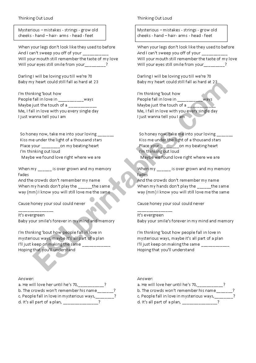 Thinking out loud worksheet