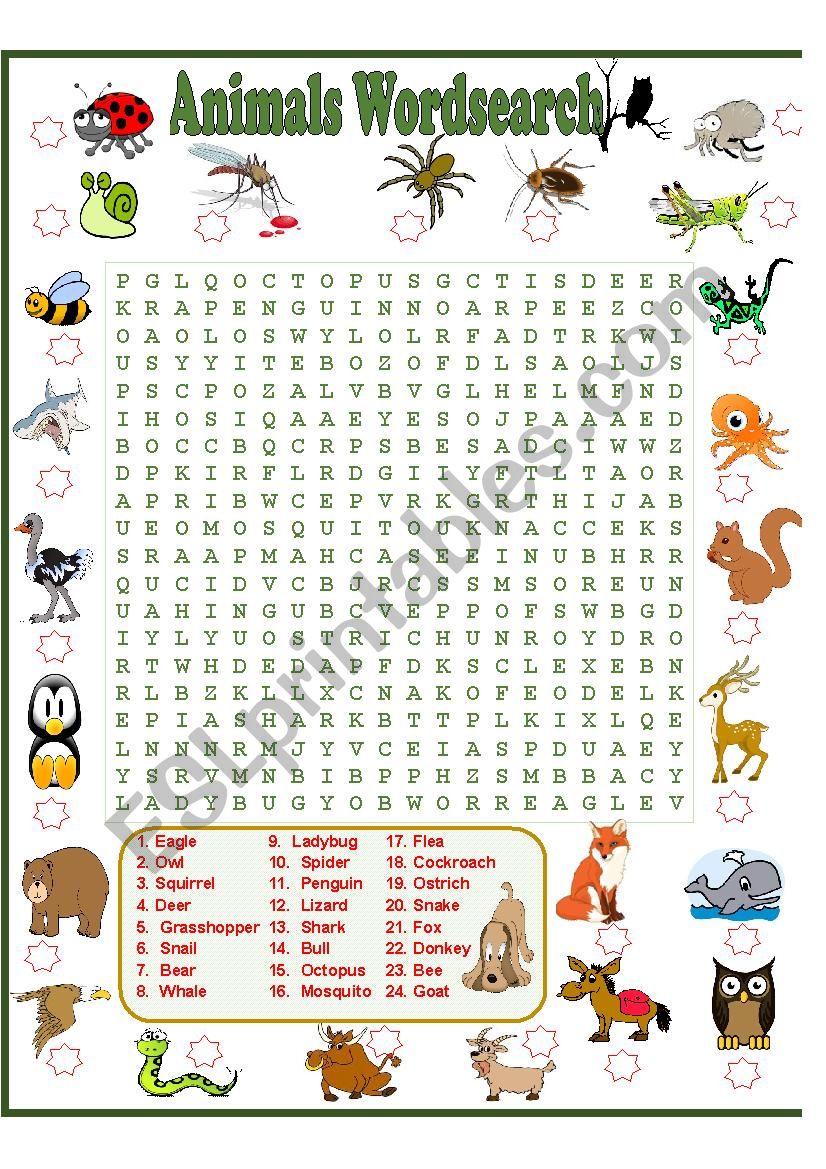 animals wordsearch esl worksheet by sumerce