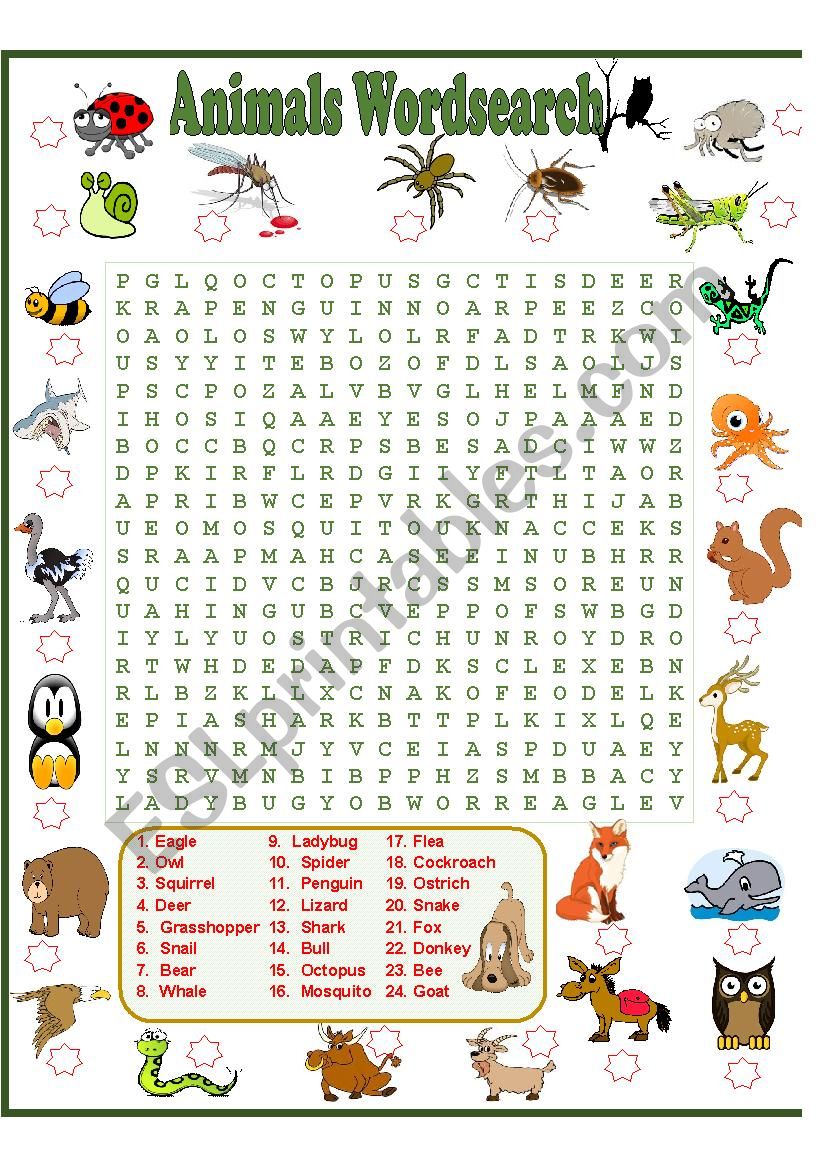 ANIMALS WORDSEARCH ESL Worksheet By Sumerce