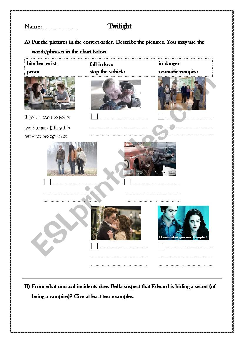 Twilight Movie Worksheet worksheet