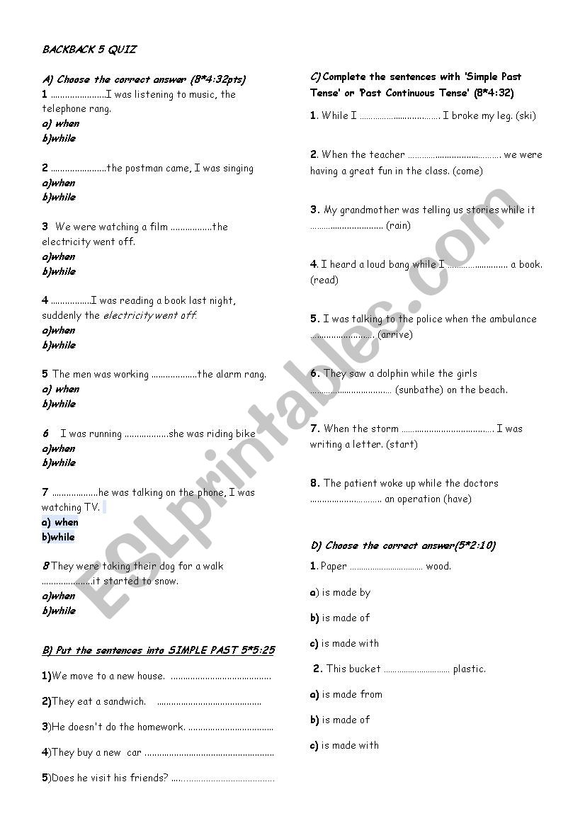 BACKBACK 5 OUIZ worksheet