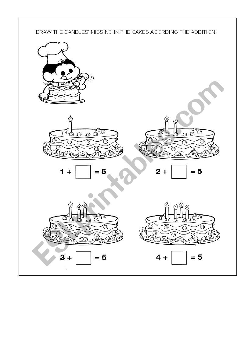 ADDITION EXERCISES - DRAW CANDLES IN THE CAKE