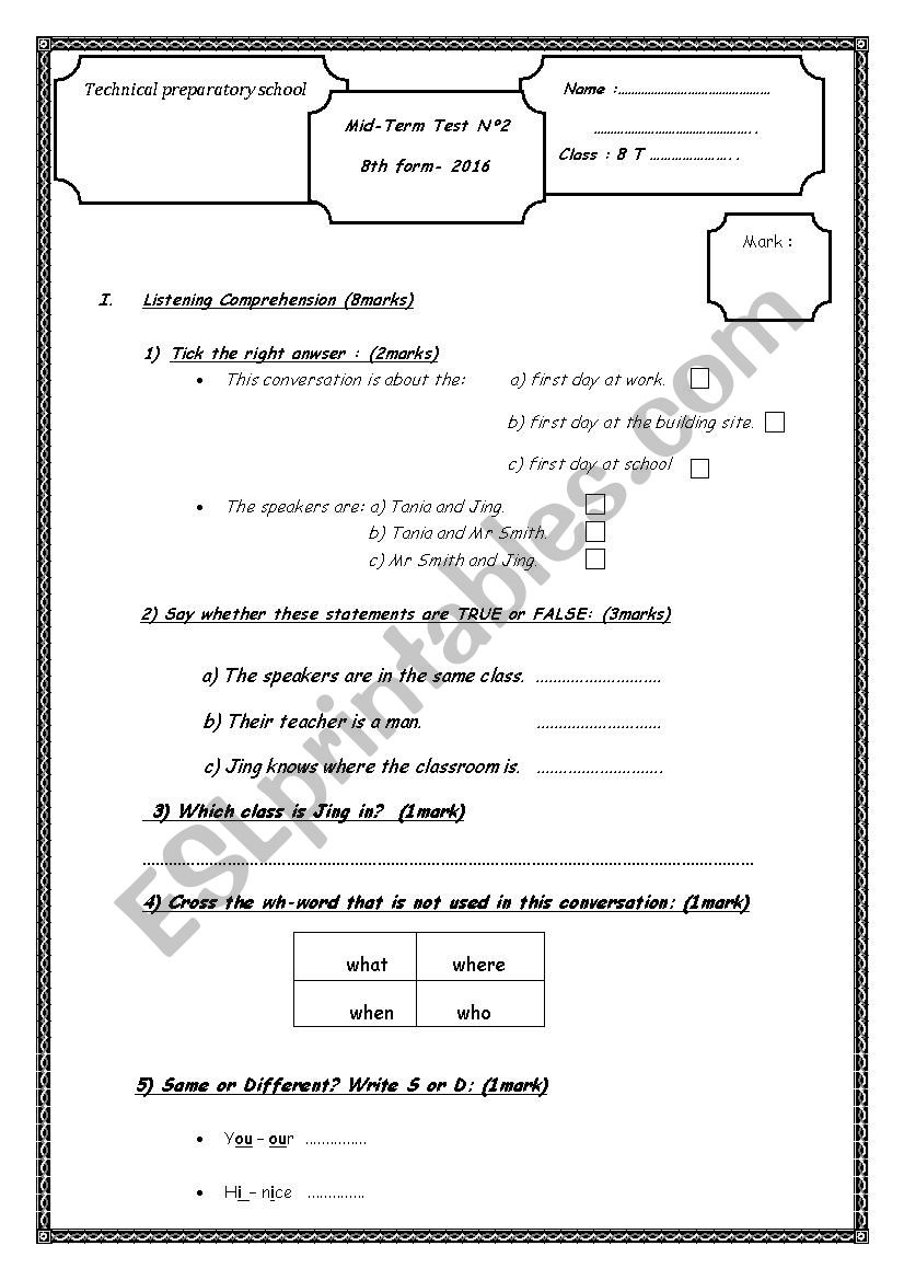 mid-term test n2  worksheet