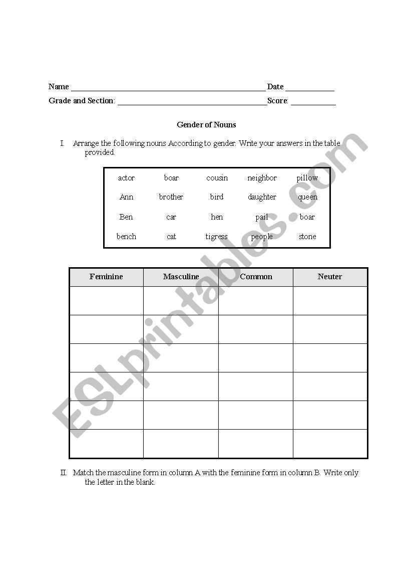 English Worksheets Gender Of Nouns