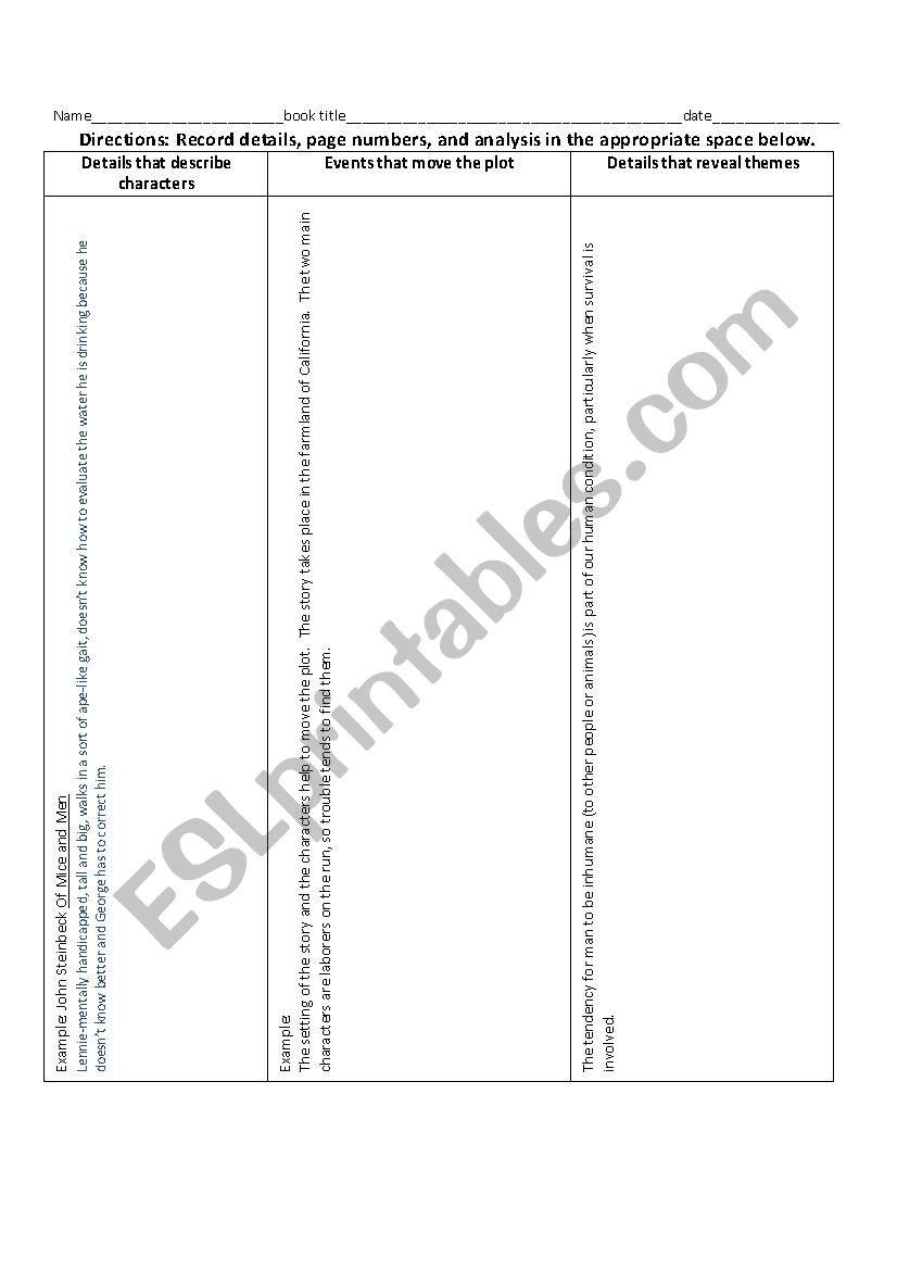 Literary Analysis notes worksheet