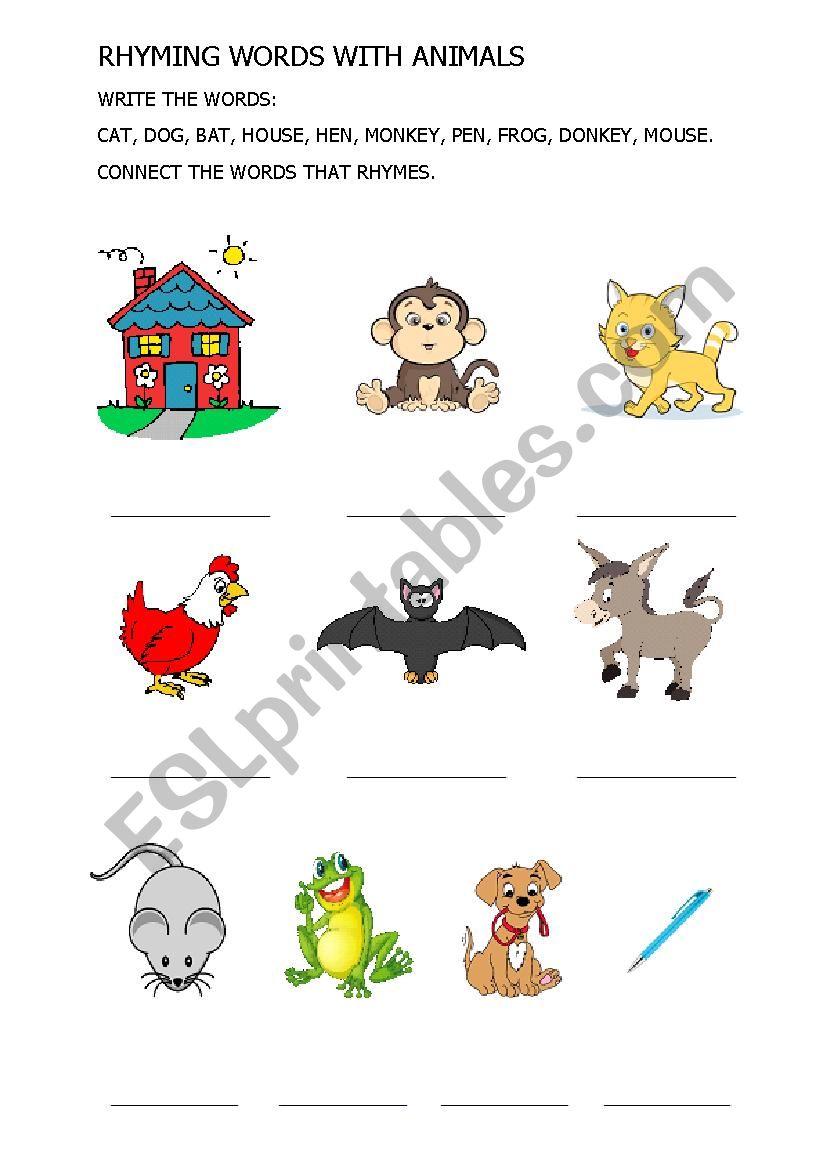 Rhyming words with animals worksheet