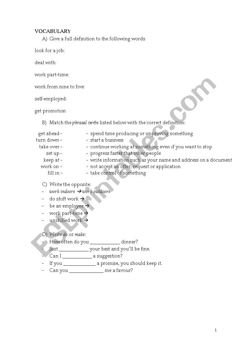Grammar and vocabulary worksheet