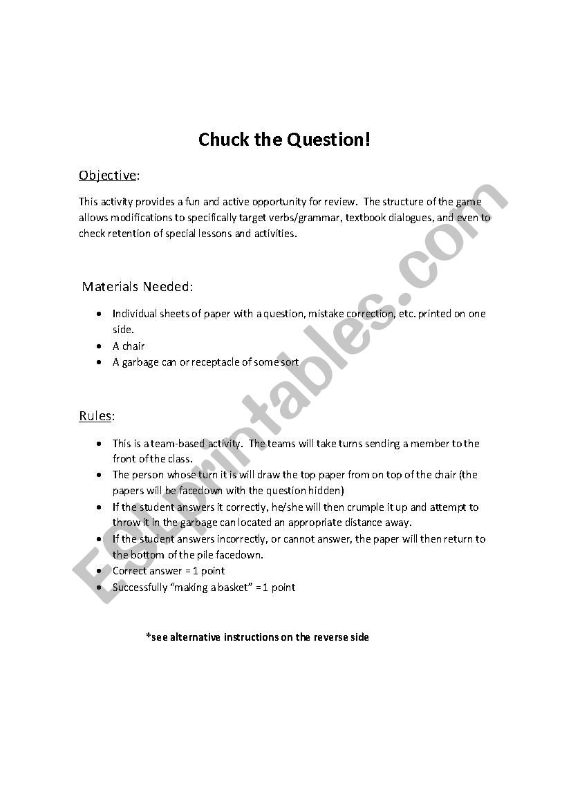 Chuck the Verb worksheet