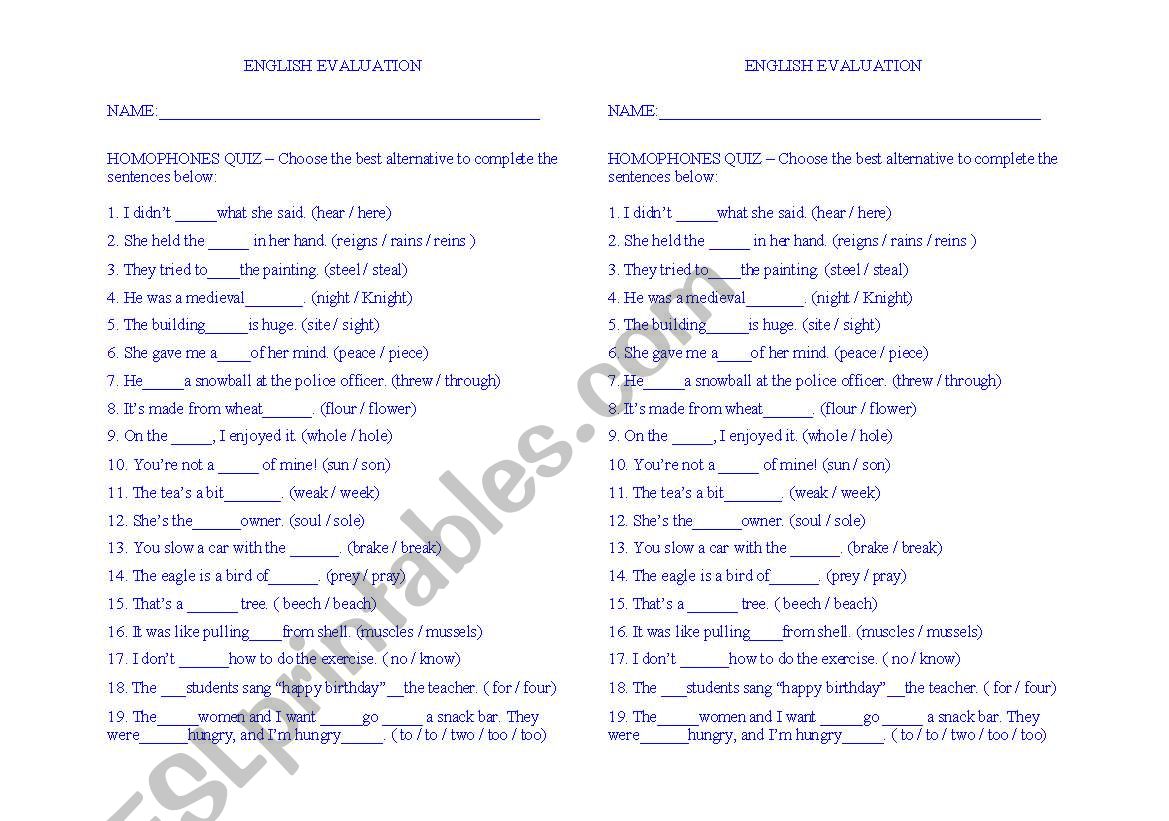 homophones worksheet