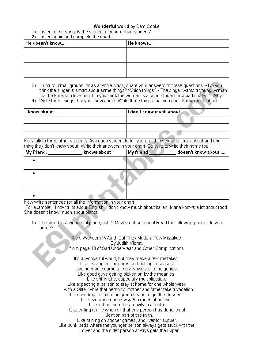 Wonderful World worksheet