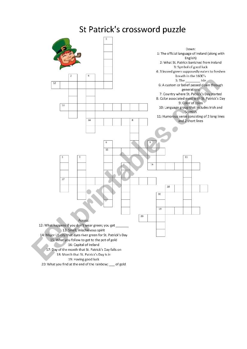 st patricks crossword puzzle worksheet