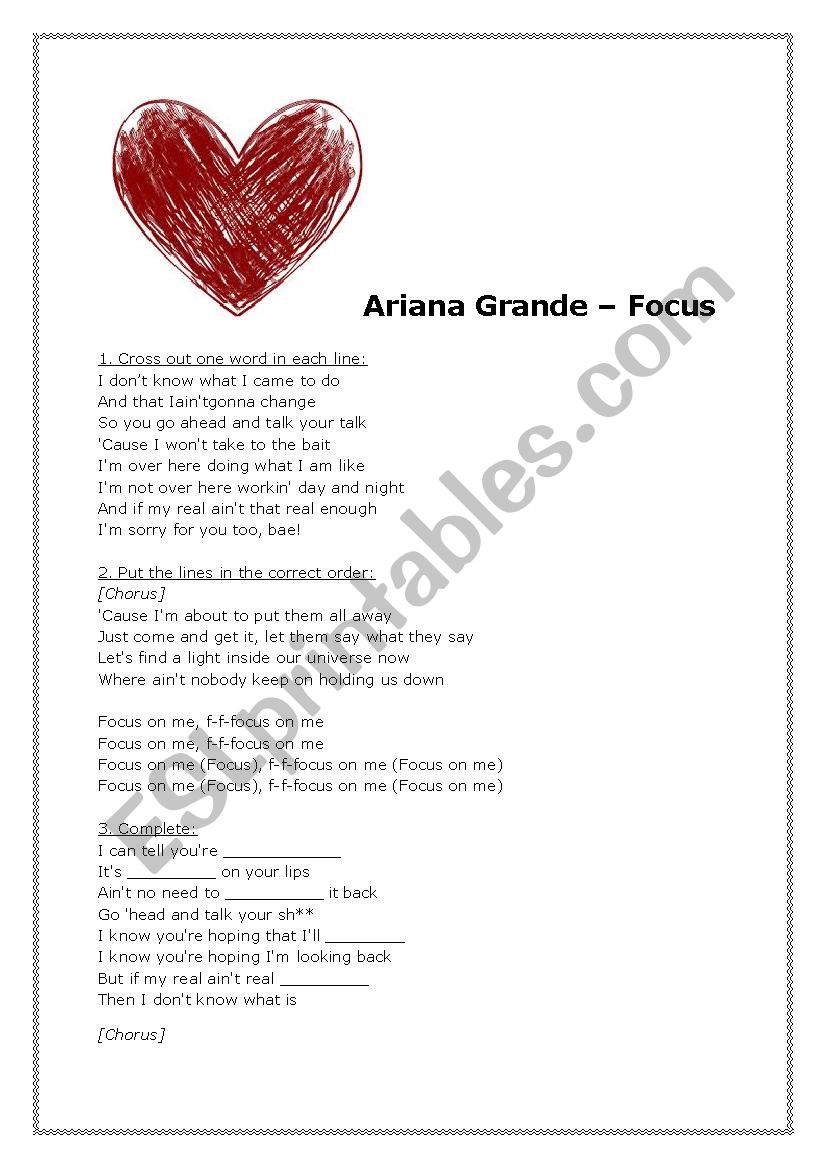 Song Focus - ariana grande worksheet