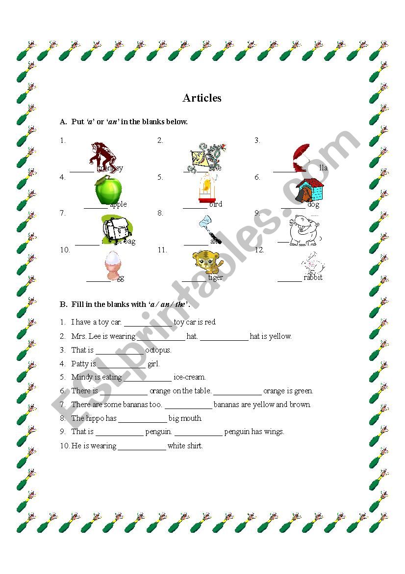 Articles worksheet