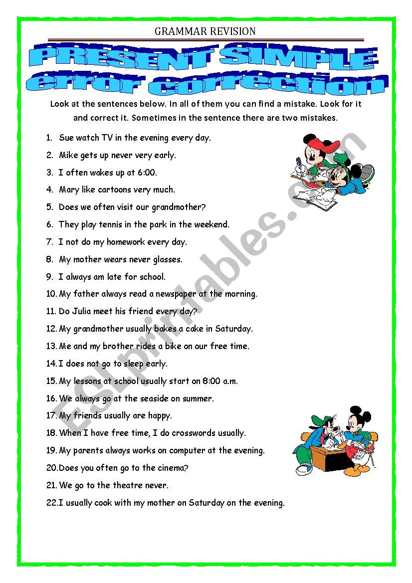 GRAMMAR REVISION Present Simple Error Correction ESL Worksheet By 