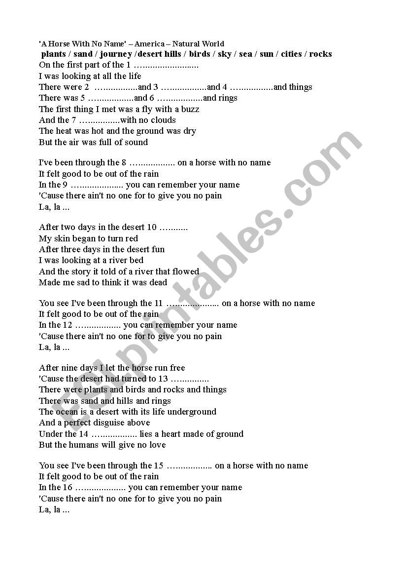 A Horse With No Name´ - ESL worksheet by Kasia Ka