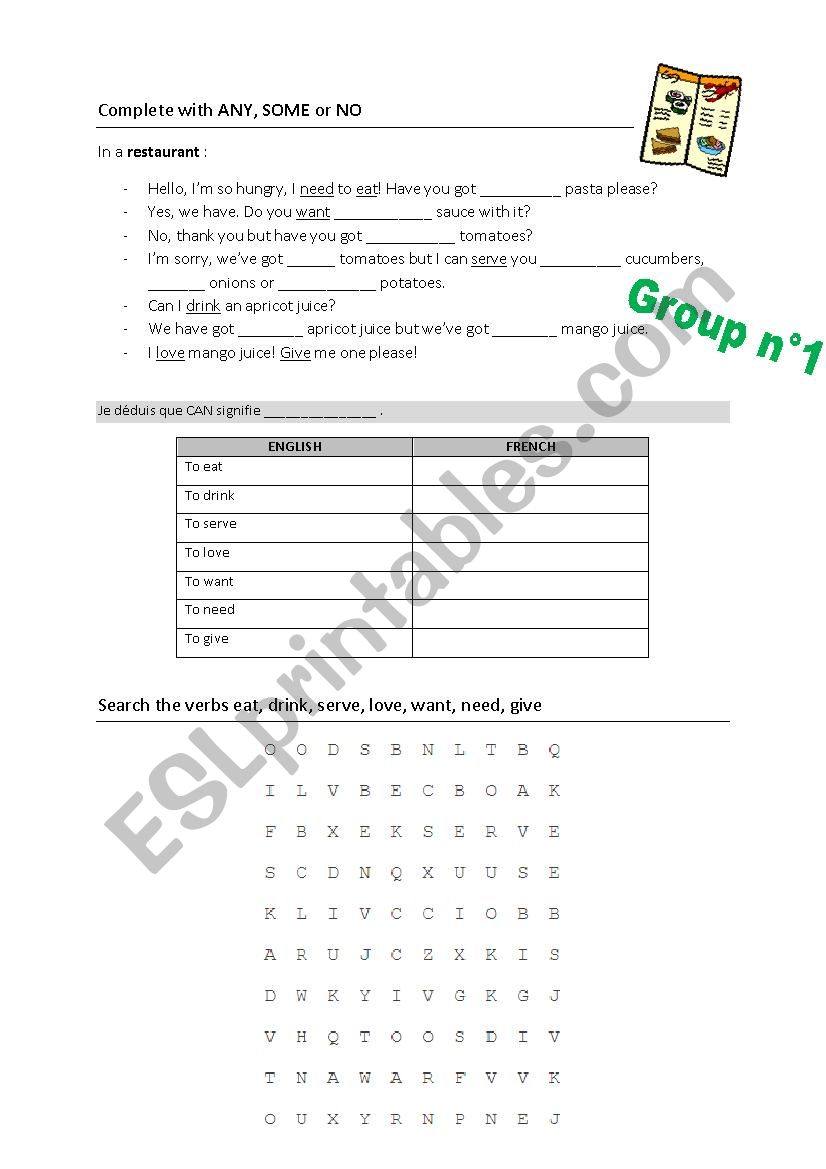 Food exercices worksheet